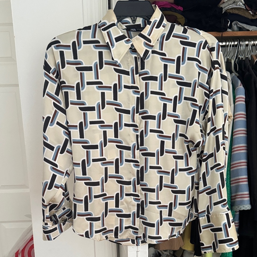 Zara Men's Shirt with Black and Cream Pattern